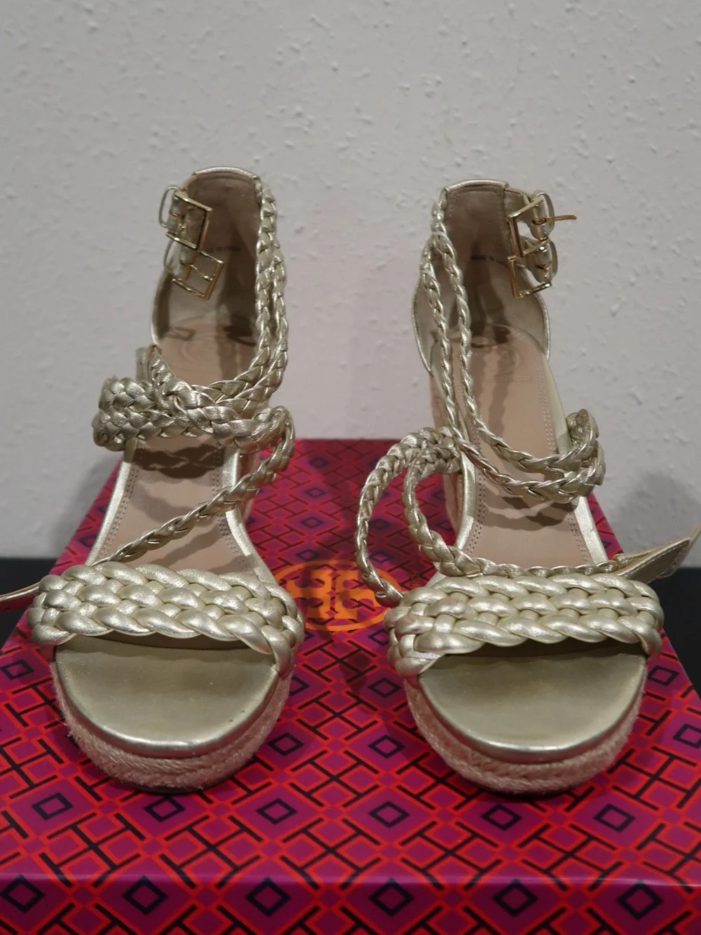 Tory Burch Metallic Gold Braided Espadrille Wedges